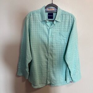 Tommy Bahama Linen Sydney Squares Teal Blue Green Long Sleeve Dress Shirt Light‎
